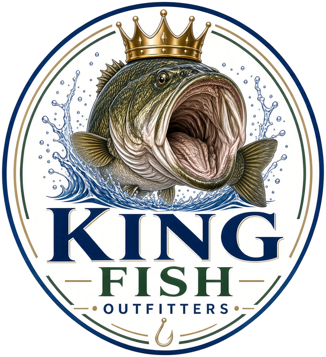 King Fish Outfitters logo: a crowned largemouth bass leaping from a splash
