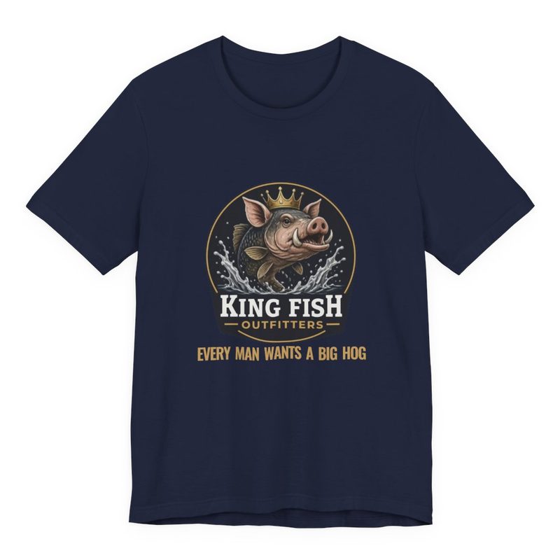 Navy Big Hog Tee with the crowned hog-fish badge and Every Man Wants a Big Hog
