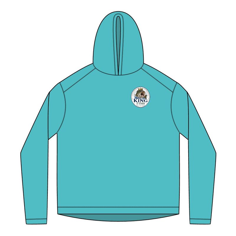 Water Blue hooded fishing shirt with the King Fish Outfitters crown logo on the chest