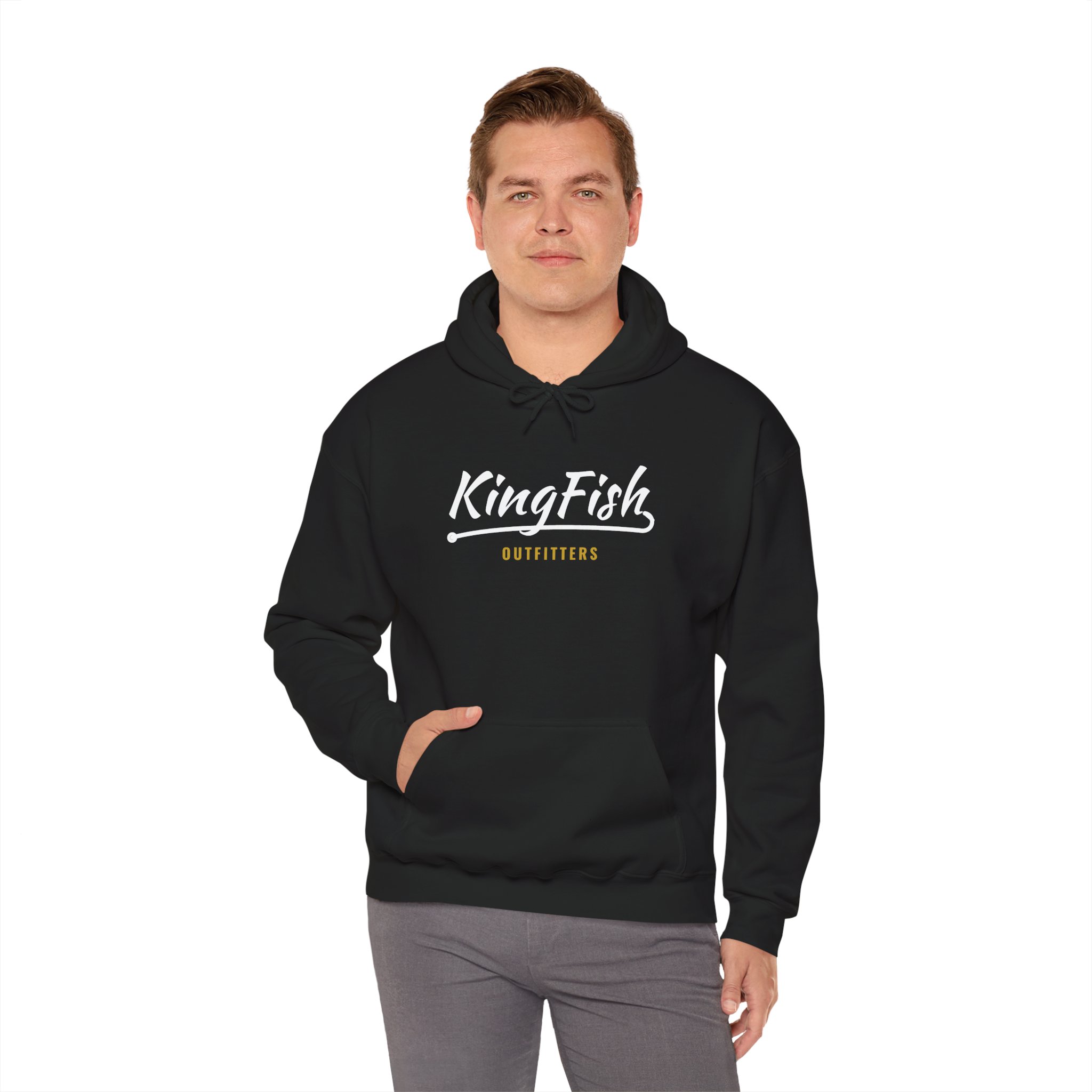 Black KingFish Hoodie with the hook script centered on the chest