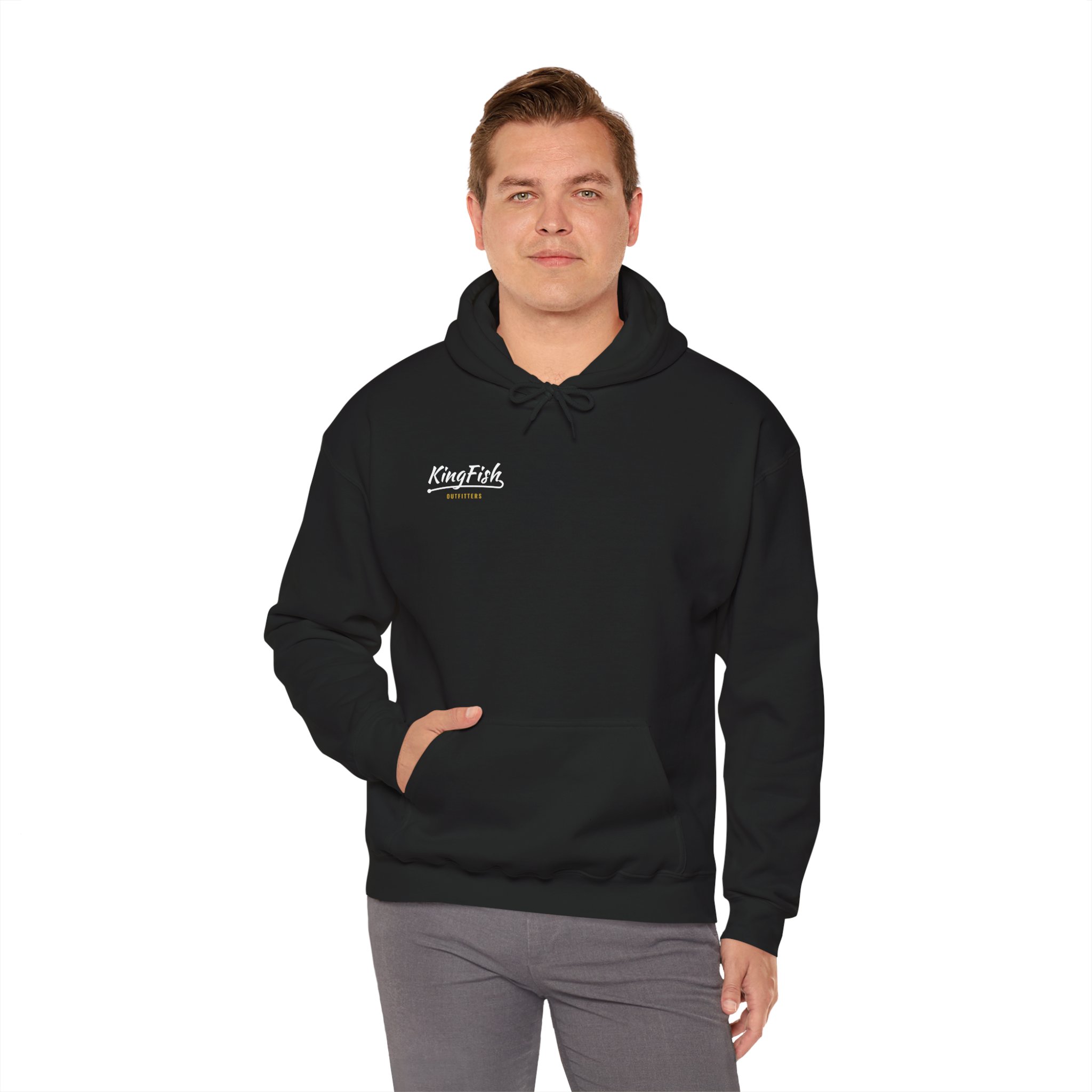Black KingFish Hoodie with the hook script on the upper left chest