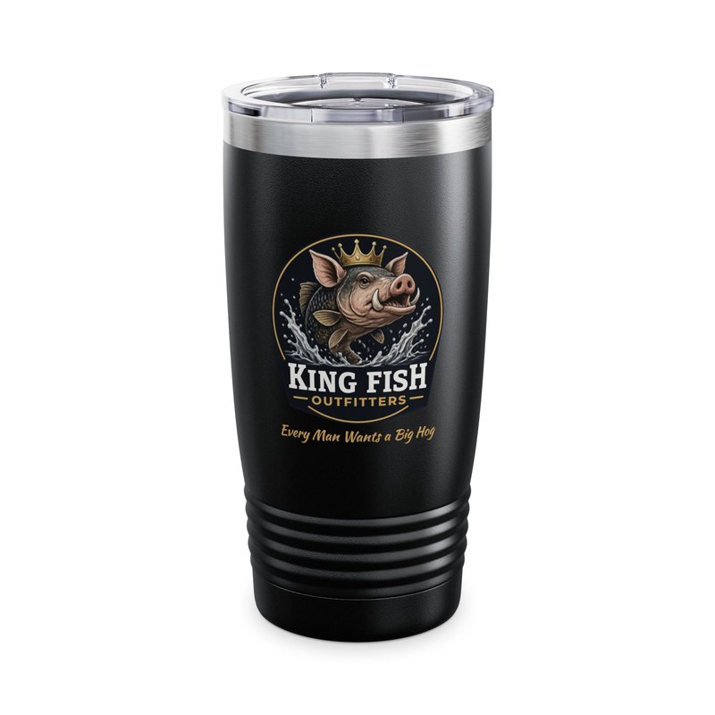Black 20oz insulated tumbler with a clear lid, ribbed base, the full-color crowned Big Hog badge and Every Man Wants a Big Hog in gold script