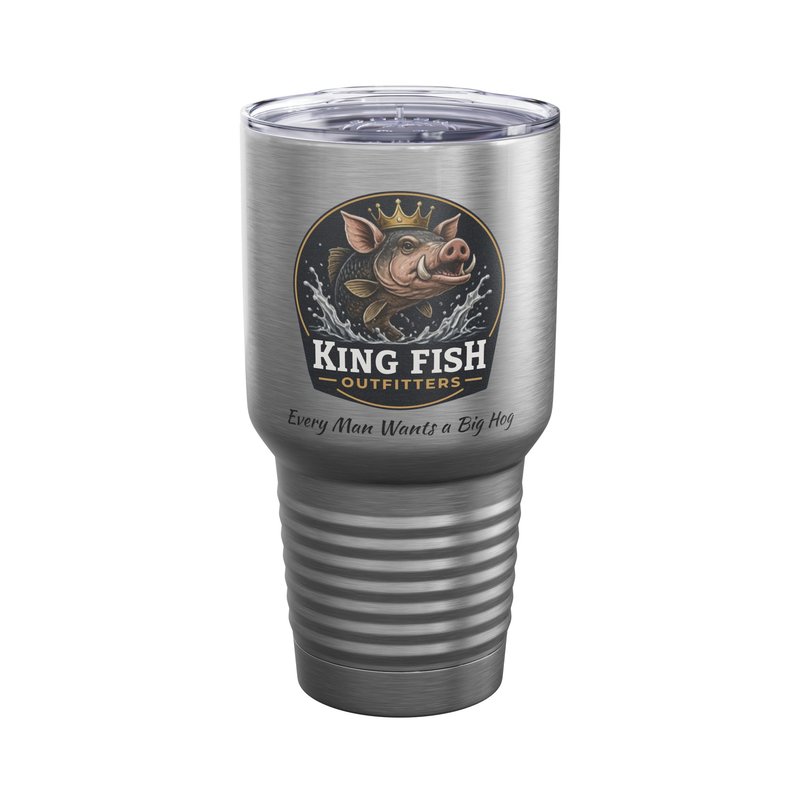 Steel 30oz tumbler with the full-color Big Hog badge and script slogan